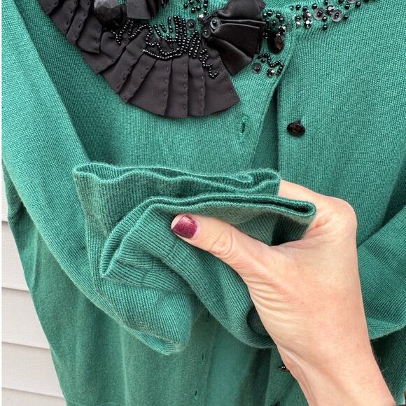 Jones New York XL Green Button Front Cardigan Black Chiffon Sequin Bead - Picture 6 of 9